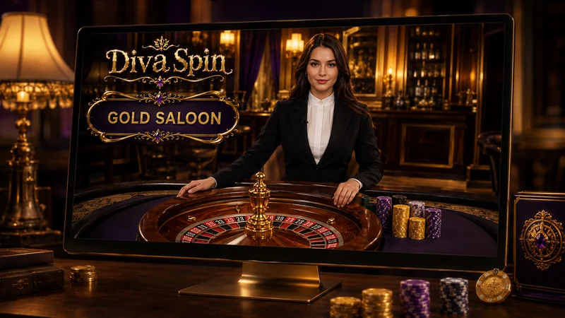 Real-dealer roulette wheel mid-spin inside the Gold Saloon stream at DivaSpin