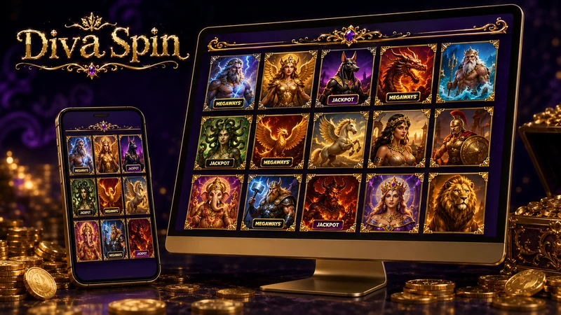DivaSpin pokies lobby showing slot tiles, category shelves and game counters for Australian players