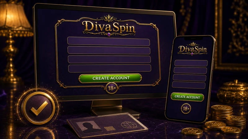 Step-by-step DivaSpin Casino sign-up form and account login screen as Australian players see it in the browser