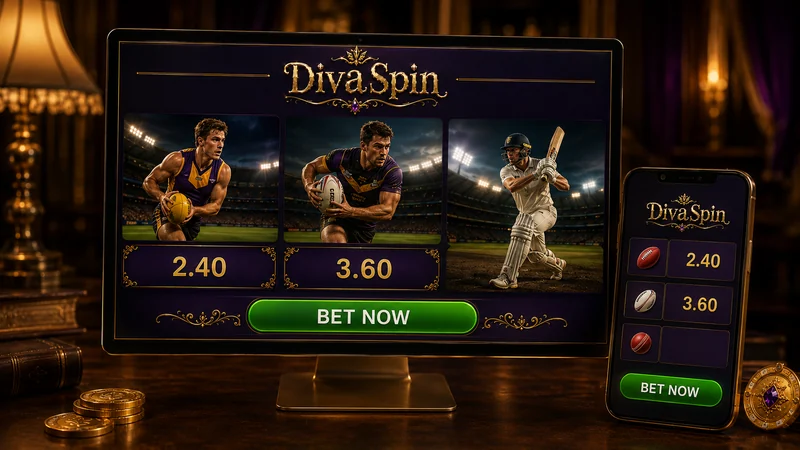 DivaSpin sportsbook interface showing Aussie Rules, Rugby League and cricket betting markets with decimal odds for Australian punters