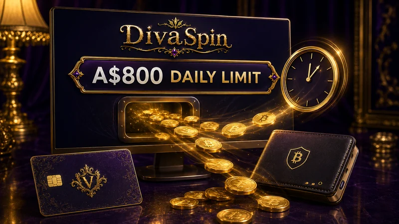 DivaSpin withdrawal screen for Australian players showing the A$800 daily payout ceiling, pending approval status and crypto, e-wallet and bank transfer cashout rails